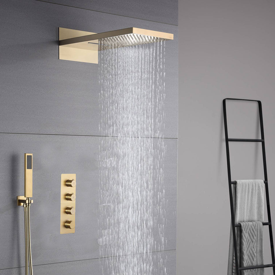 22-Inch Brushed Gold or Brushed Nickel Or Matte Black 3 Way Thermostatic Shower Faucet System with Rainfall and Waterfall