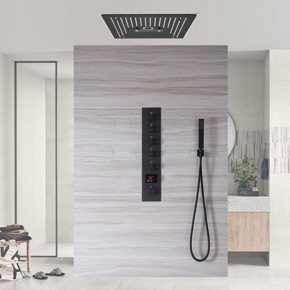 Matte black flushed on 16 inch rainfall waterfall mist hydro-water massage 64 LED light Bluetooth Music shower head 5 way digital display shower faucet