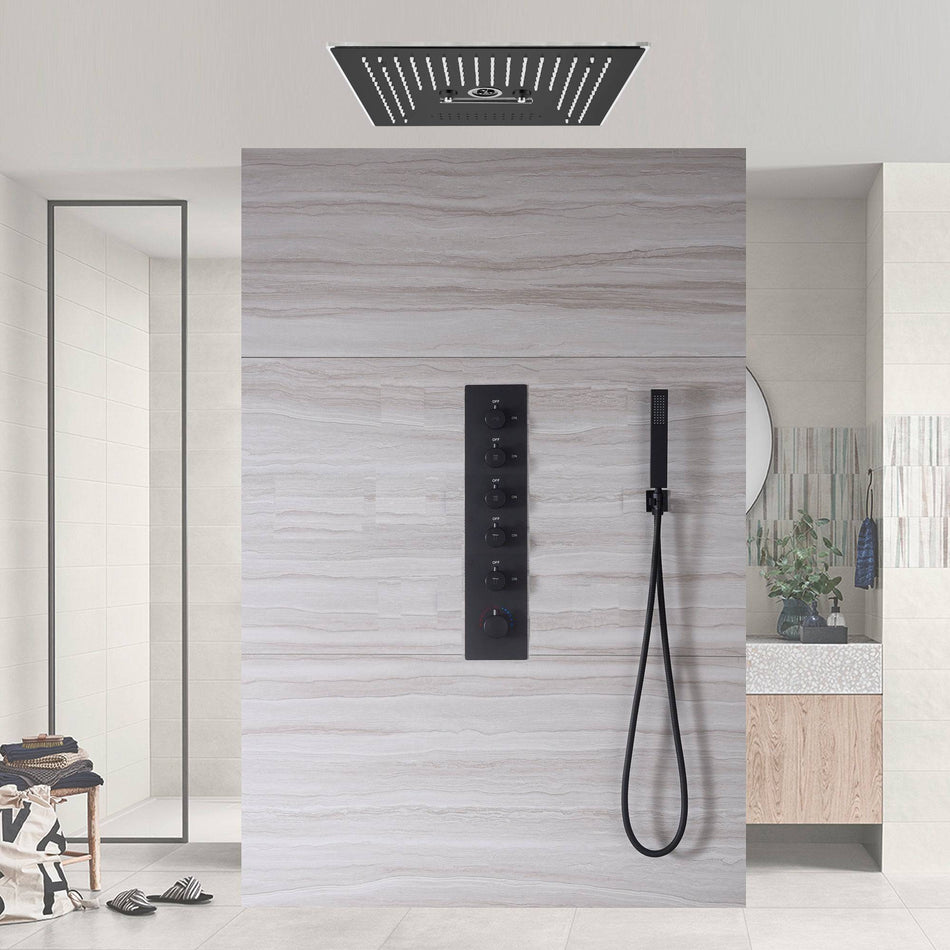 Matte black flushed on 16 inch rainfall waterfall mist hydro-water massage 64 LED light Bluetooth Music shower head 5 way digital display shower faucet