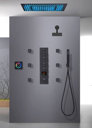 64 LED colors 20 inch Matte Black flushed on rainfall shower systems 4 way digital display thermostatic valve with Regular head and 6 body jets and touch panel