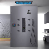 64 LED colors 20 inch Matte Black flushed on rainfall shower systems 4 way digital display thermostatic valve with Regular head and 6 body jets and touch panel