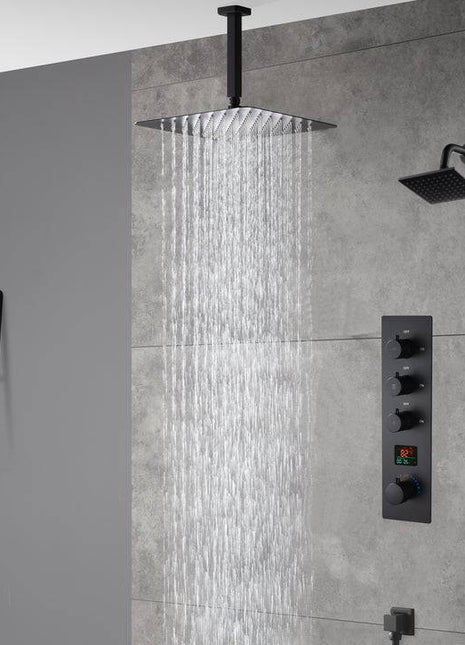 matte black ceiling mount 12 inch or 16 inch rain head 3 way digital display thermostatic shower faucet with Regular head