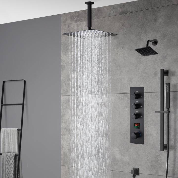 matte black ceiling mount 12 inch or 16 inch rain head 3 way digital display thermostatic shower faucet with Regular head