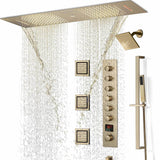 Brushed Gold 36 Inch  Flushed Ceiling Mount Rainfall Waterfall Water Column 64 LED Light Bluetooth Music Shower Head 6 Way Digital display Thermostatic Shower Faucet Set with Body Jets and Touch Panel