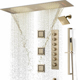 Brushed Gold 36 Inch  Flushed Ceiling Mount Rainfall Waterfall Water Column 64 LED Light Bluetooth Music Shower Head 6 Way Digital display Thermostatic Shower Faucet Set with Body Jets and Touch Panel