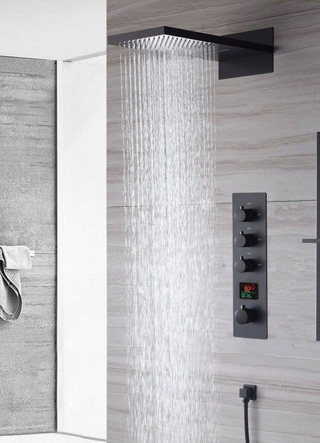 22inch rainfall and waterfall matte black 3 Way digital Thermostatic Shower Faucet with Sliding bar