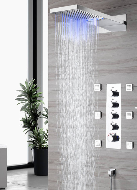 22'' chrome 4 Way Thermostatic Shower Faucet Waterfall & Rain Massage Body Jet Spray and sliding bar