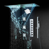 Chrome 36 Inch  Flushed Ceiling Mount Rainfall Waterfall Water Column 64 LED Light Bluetooth Music Shower Head 6 Way Thermostatic Shower Faucet Set with regular head, Body Jets and Touch Panel