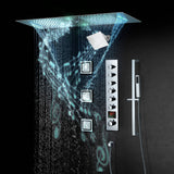 Chrome 36 Inch  Flushed Ceiling Mount Rainfall Waterfall Water Column 64 LED Light Bluetooth Music Shower Head 6 Way Thermostatic Shower Faucet Set with regular head, Body Jets and Touch Panel