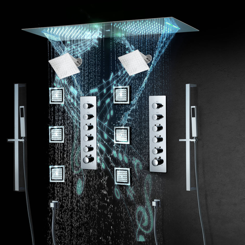 Chrome 36 Inch  Flushed Ceiling Mount Rainfall Waterfall Water Column 64 LED Light Bluetooth Music Shower Head 5 Way Thermostatic Shower Faucet Set with Body Jets and Regular heads
