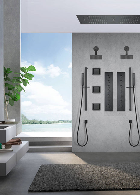 Matte Black 36 Inch  Flushed Ceiling Mount Rainfall Waterfall Water Column 64 LED Light Bluetooth Music Shower Head 12 Way Thermostatic Shower Faucet Set with Body Jets and Regular heads