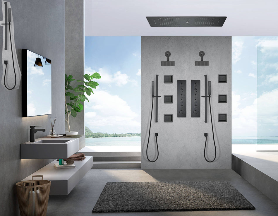 Matte Black 36 Inch  Flushed Ceiling Mount Rainfall Waterfall Water Column 64 LED Light Bluetooth Music Shower Head 5 Way Thermostatic Shower Faucet Set with Body Jets and Regular heads