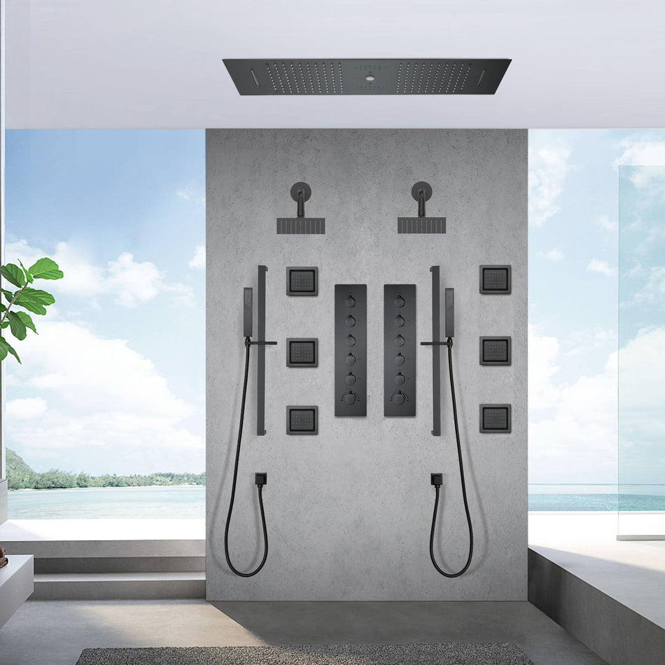 Matte Black 36 Inch  Flushed Ceiling Mount Rainfall Waterfall Water Column 64 LED Light Bluetooth Music Shower Head 5 Way Thermostatic Shower Faucet Set with Body Jets and Regular heads