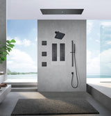 Matte Black 36 Inch  Flushed Ceiling Mount Rainfall Waterfall Water Column 64 LED Light Bluetooth Music Shower Head 8 Way Thermostatic Shower Faucet Set with Body Jets and Regular Head