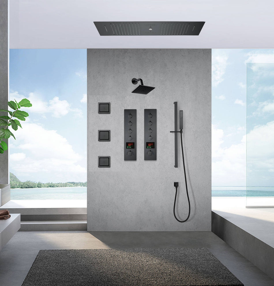 Matte Black 36 Inch  Flushed Ceiling Mount Rainfall Waterfall Water Column 64 LED Light Bluetooth Music Shower Head 8 Way Thermostatic Shower Faucet Set with Body Jets and Regular Head