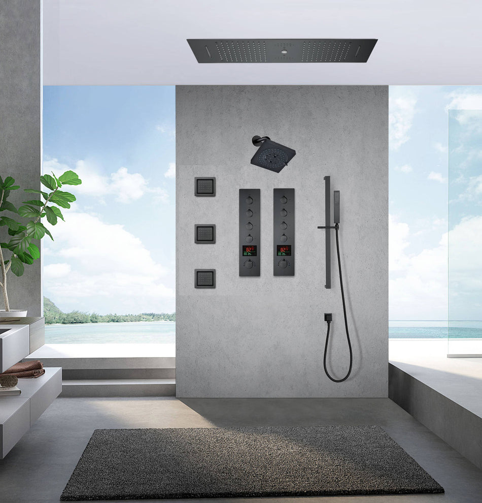 Matte Black 36 Inch  Flushed Ceiling Mount Rainfall Waterfall Water Column 64 LED Light Bluetooth Music Shower Head 8 Way Thermostatic Shower Faucet Set with Body Jets and Regular Head