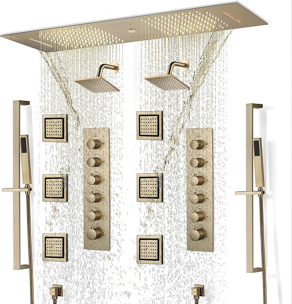 Brushed Gold 36 Inch  Flushed Ceiling Mount Rainfall Waterfall Water Column 64 LED Light Bluetooth Music Shower Head 5 Way Thermostatic Shower Faucet Set with Body Jets and regular heads