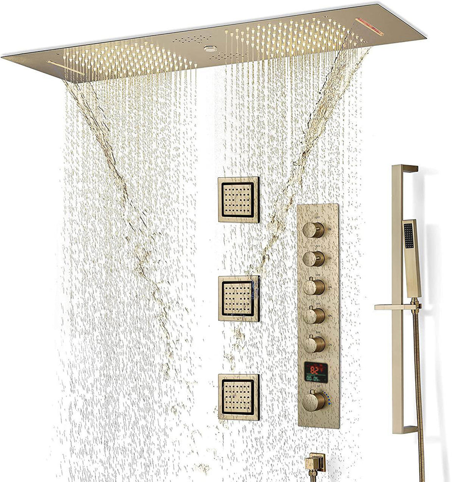 Brushed Gold 36 Inch  Flushed Ceiling Mount Rainfall Waterfall Water Column 64 LED Light Bluetooth Music Shower Head 5 Way Digital display Thermostatic Shower Faucet Set with Body Jets and Touch Panel