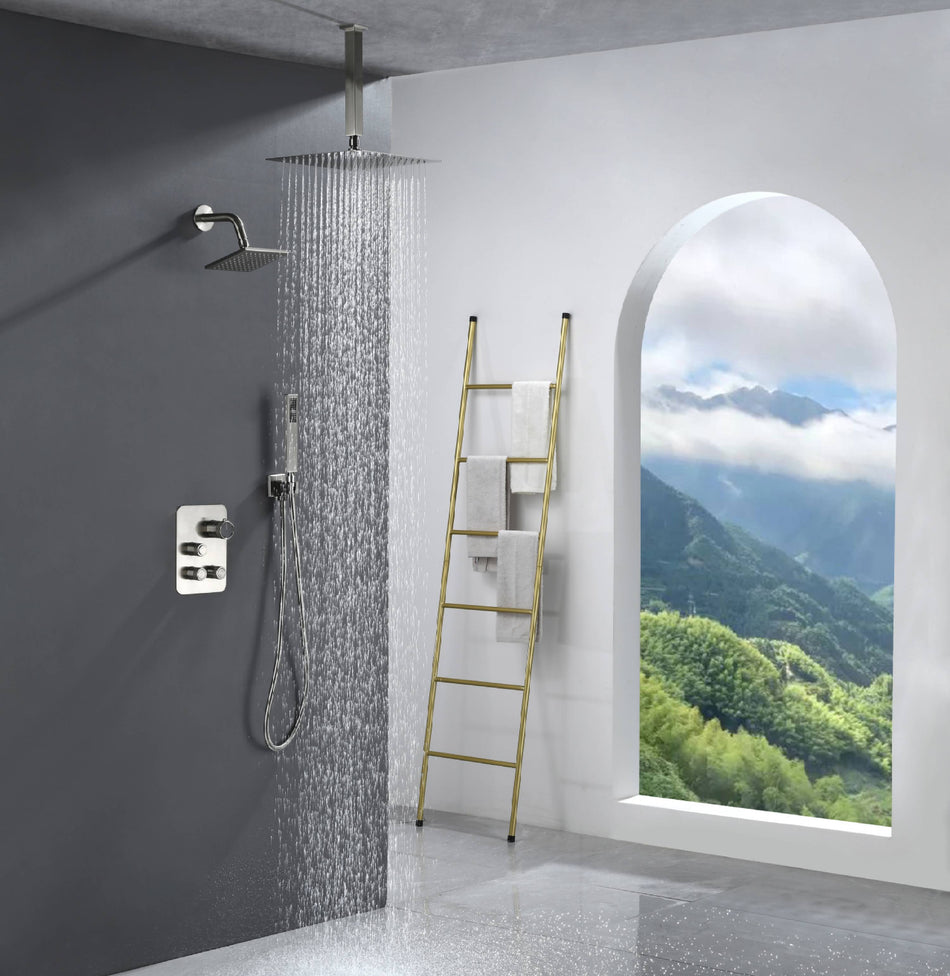 Brushed nickel Ceiling 12 Inch led Light Rainfall Shower Head Wall Mount 6 Inch Regular High Water Pressure Shower Head 3 Way Thermostatic Shower Faucet Each Function Work All together and separately