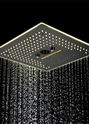Matte black flushed on 16 inch rainfall waterfall mist hydro-water massage 64 LED light Bluetooth Music shower head 6 way digital display shower faucet with body jets