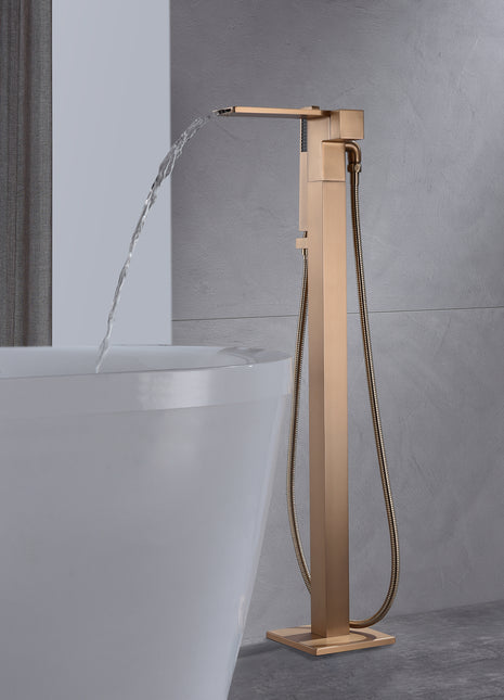 Rose Gold Finish Single Handle Floor Mount Waterfall Freestanding Tub Filler Faucet with Hand Shower