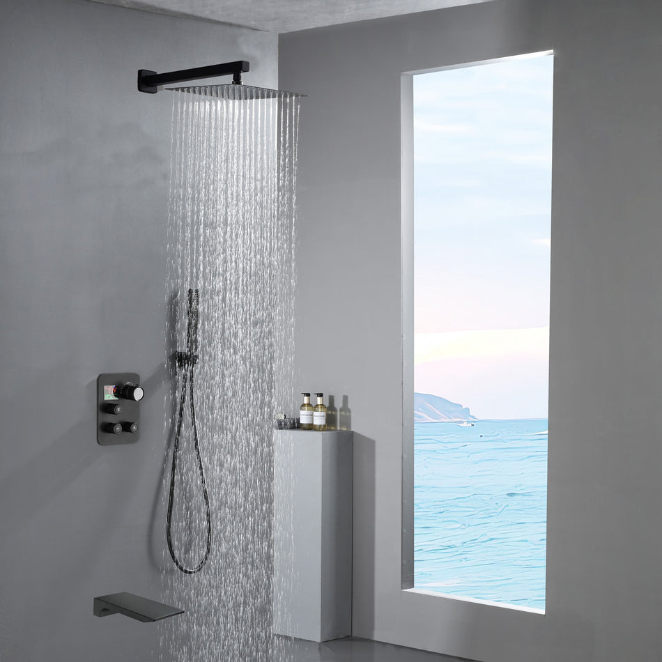 Wall mount matte Black 12 inch or 16 inch Rain Shower Head 3 way thermostatic shower faucet with waterfall Tub spout