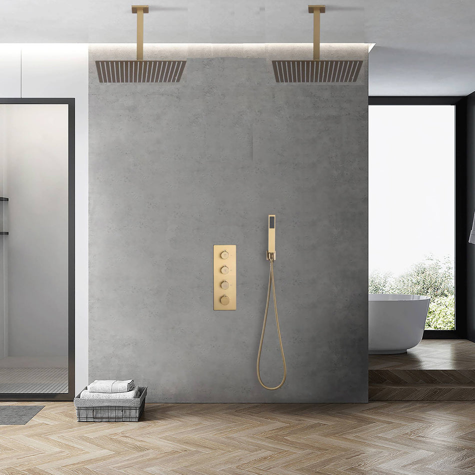 Brushed Gold Dual rainfall shower head high pressure shower head 3 way thermostatic valve shower heads systems each function work at the same time and separately