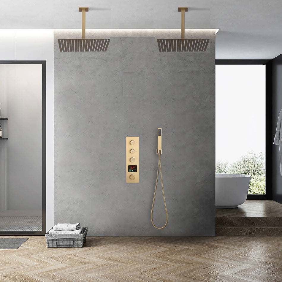 Brushed Gold Dual rainfall shower head high pressure shower head 3 way thermostatic valve shower heads systems each function work at the same time and separately