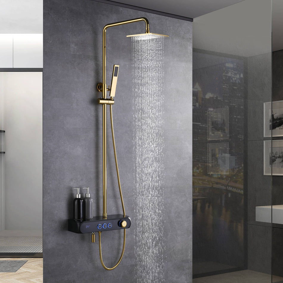 3 functions Thermostatic Digital display Gold exposed handle shower set with handle shower and tub spout