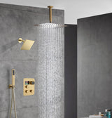 Brushed Gold Ceiling Mount Rainfall Head 3 Way Thermostatic Shower Faucet With 6'' Regular Head