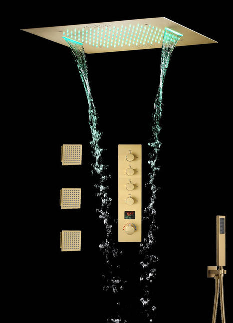Brushed Gold Music 64 LED lights Flushed mount 20 X 20 inch rain waterfall shower head 4 way Digital display thermostatic valve that each function run all together and separately
