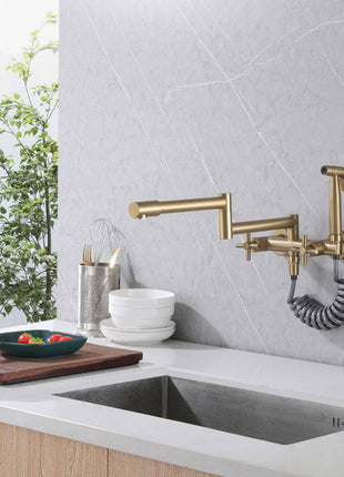 Brushed Gold Pot Filler Faucet Folding Stretchable Brass Hot & Cold Kitchen Faucet Wall Mount with side sprayer