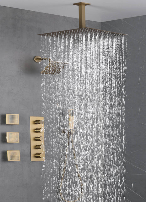 Brushed Gold 4 Function Thermostatic Faucet Set with Ceiling 12" or 16'' Rain Shower Head, High Pressure 6", Body Jets and Handheld Spray