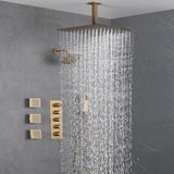 Brushed Gold 4 Function Thermostatic Faucet Set with Ceiling 12" or 16'' Rain Shower Head, High Pressure 6", Body Jets and Handheld Spray