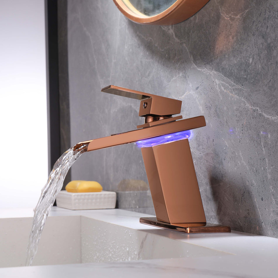 Rose Gold Waterfall 3 LED Lights Single Handle Bathroom Sink Faucet with Cover and Pop Up Brass Overflow Drain