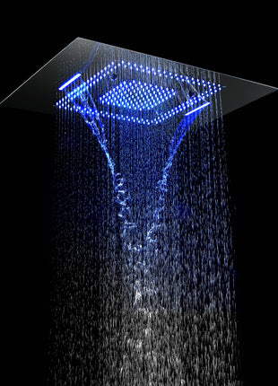 Matte Black Flushed in 31 Inch Rainfall Waterfall Bluetooth Music LED Light Shower Head 6 Functions Thermostatic Shower Faucet Set with Body Jets Each Function Work All Together and Separately