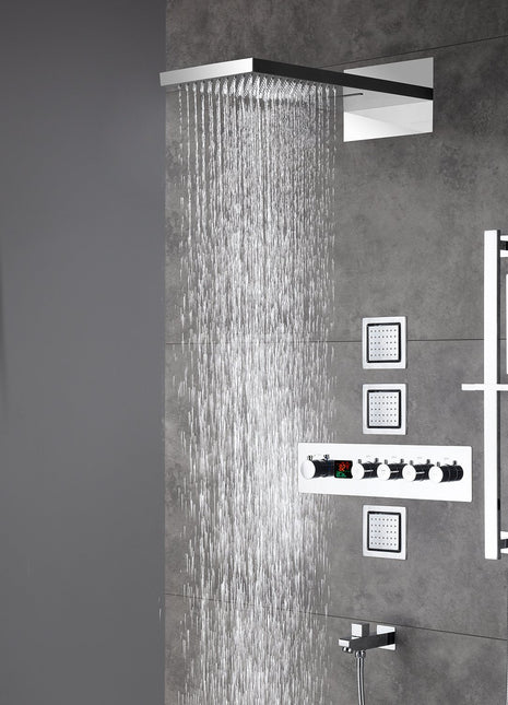 22inch rainfall and waterfall Chrome 4 Way digital Thermostatic Shower Faucet with 4inch Body Jet