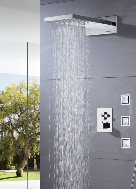 4 way thermostatic valve Chrome 22'' waterfall rainfall Thermostatic Shower system with flush 4inch body jets