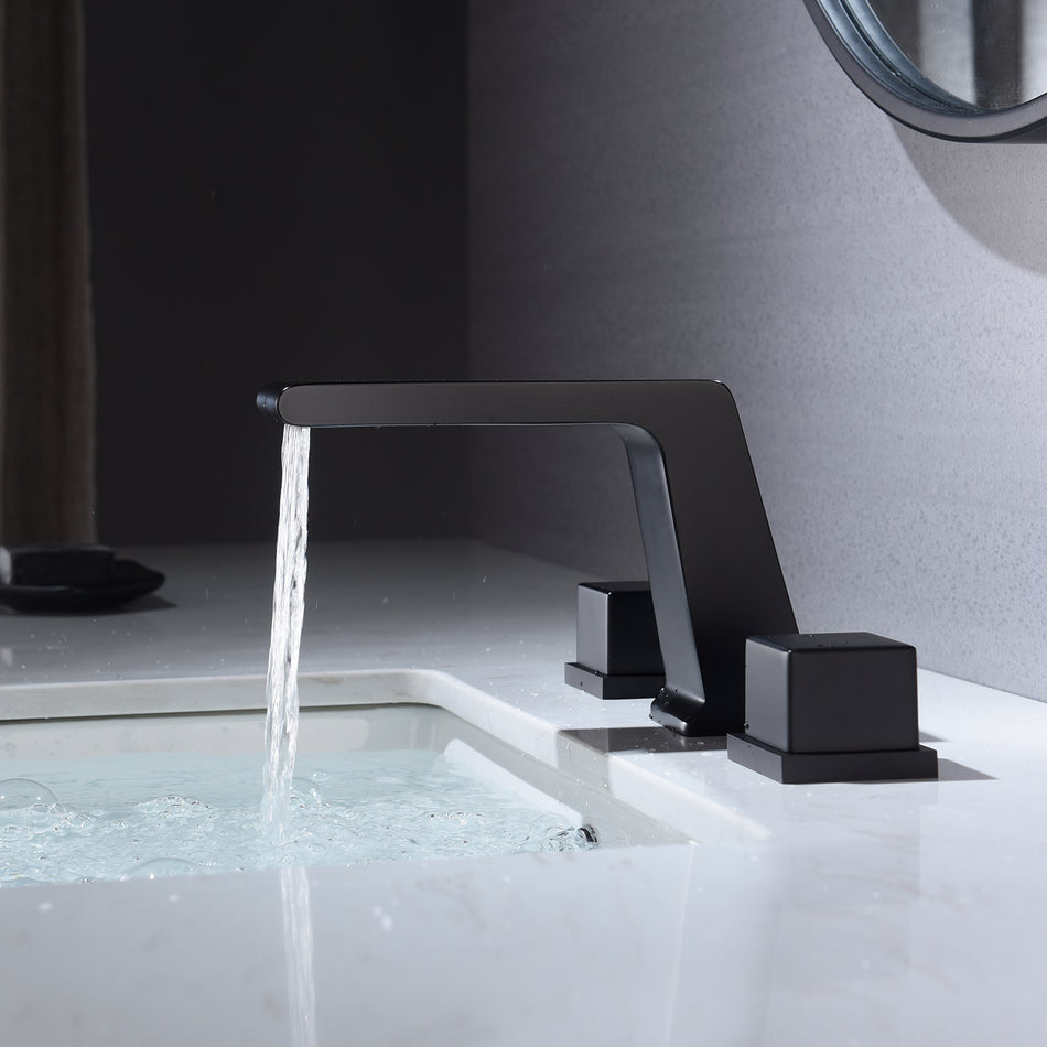 Matt Black Waterfall Two Handle 3 Holes Widespread Bathroom basin sink Faucet with pop up drain