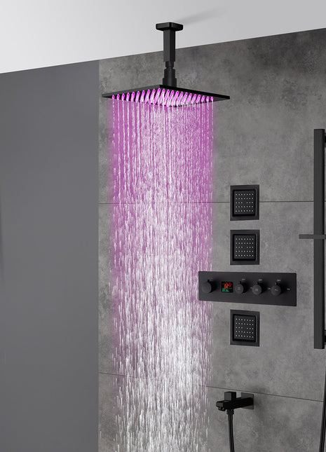 16inch LED matt black 3 way digital thermostatic shower faucet with sliding bar and 4inch body jets