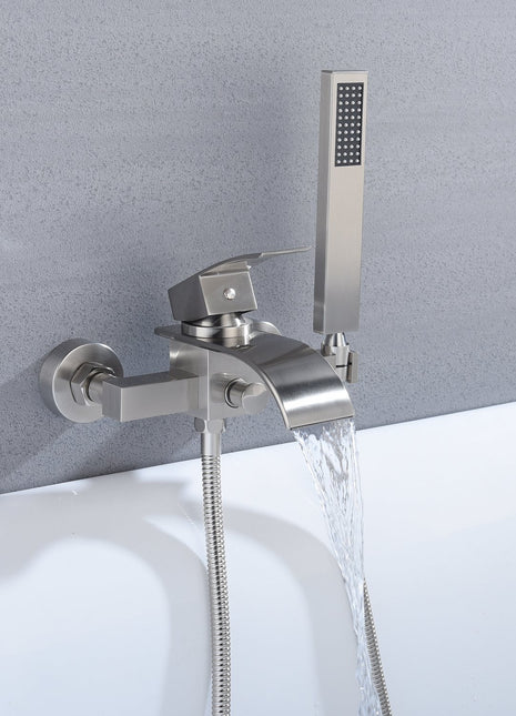 Waterfall Wall-mount Bath Tub Filler Faucet with Handheld Shower Brushed Nickel