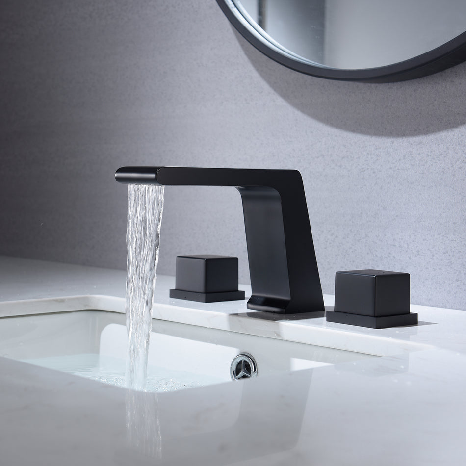Matt Black Waterfall Two Handle 3 Holes Widespread Bathroom basin sink Faucet with pop up drain
