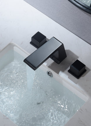 Matt Black Waterfall Two Handle 3 Holes Widespread Bathroom basin sink Faucet with pop up drain