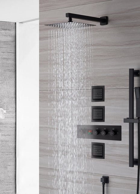 wall mount 12 inch or 16 inch matt black 3 way digital thermostatic shower faucet with sliding bar and 4inch body jets