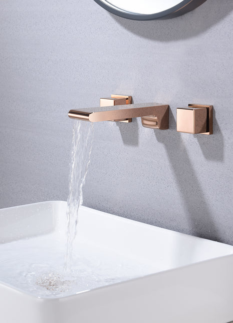 Rose Gold waterfall wall mount bathroom sink faucet with overflow brass pop up drain