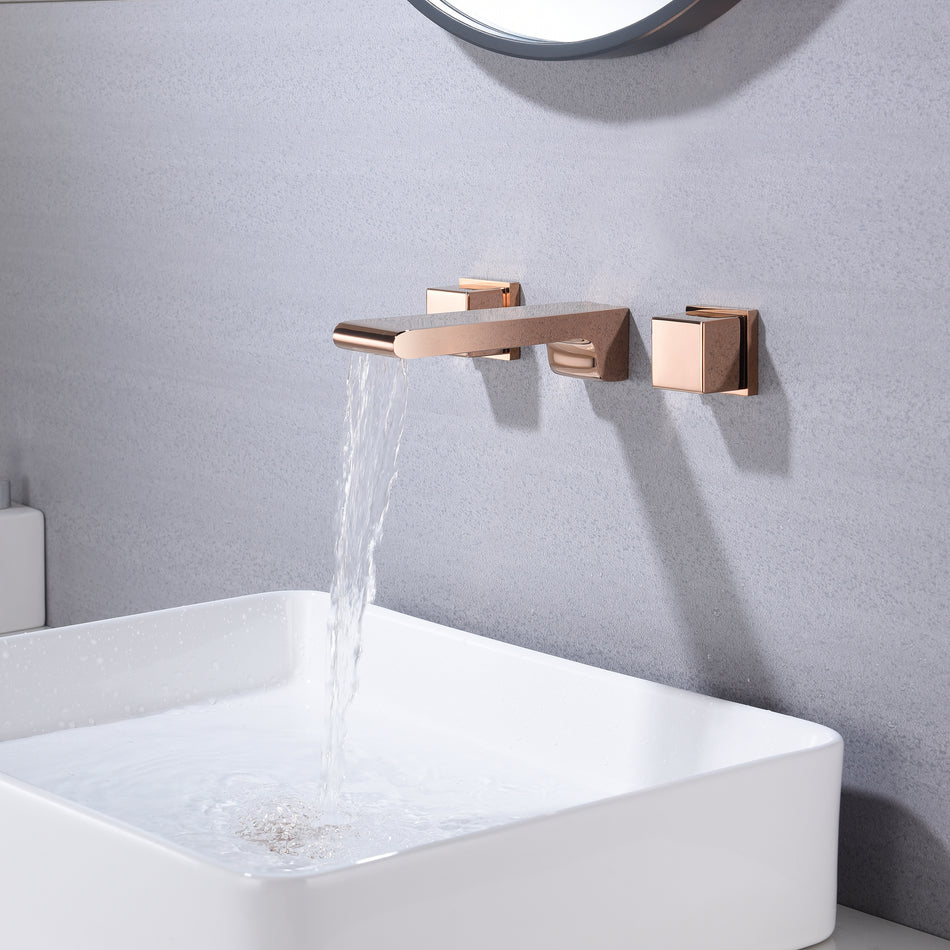 Rose Gold waterfall wall mount bathroom sink faucet with overflow brass pop up drain