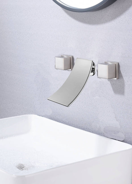 waterfall Brushed Nickel wall mount Dual Handle Bathroom Sink Faucets with Brass Pop up Overflow Drain