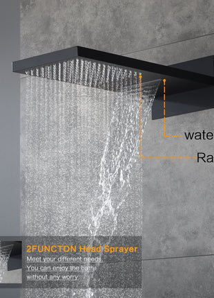 22inch rainfall and waterfall matte black 4 Way digital Thermostatic Shower Faucet with 4inch Body Jet