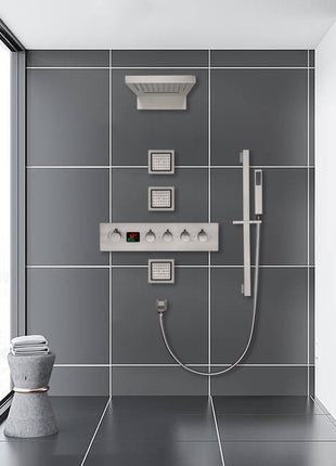 22inch rainfall and waterfall Brushed Nickel 4 Way digital Thermostatic Shower Faucet with 4inch Body Jet