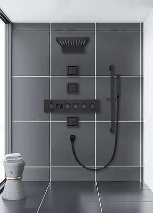 22inch rainfall and waterfall matte black 4 Way digital Thermostatic Shower Faucet with 4inch Body Jet
